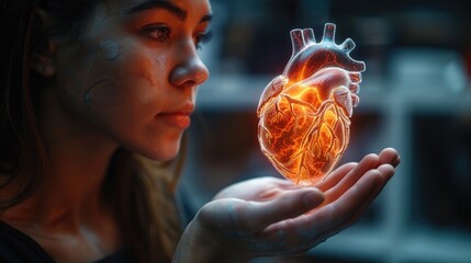 A human heart floating in the palm of two hands, illuminated by medical science holograms, hope and healing for those with cardiovascular issues concept.
