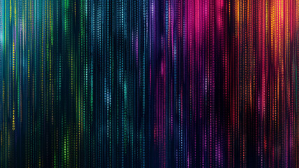 Digital rain of colorful binary code cascading down, representing data flow in vibrant, glowing hues.