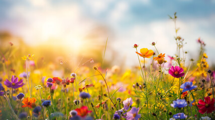 Vibrant wildflowers bask in the golden sunlight, creating a picturesque and serene natural scene.