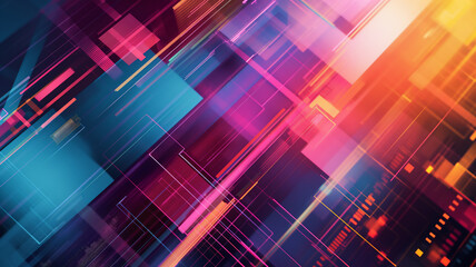Dynamic geometric patterns with a blend of neon red and blue hues create a vibrant digital abstract.