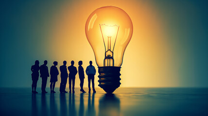 Silhouetted figures stand before a giant glowing light bulb, symbolizing inspiration and collaboration in innovation.