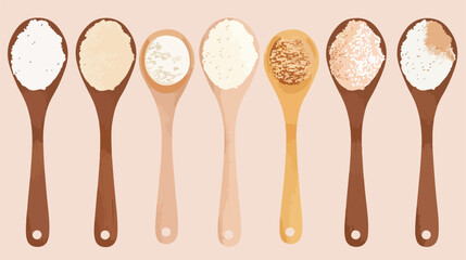 Spoons with different kinds of flour on light background