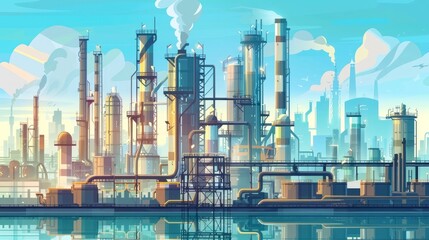 Depicting a chemical, petrochemical, or processing plant, this illustration captures the essence of heavy industry and industrial landscapes.
