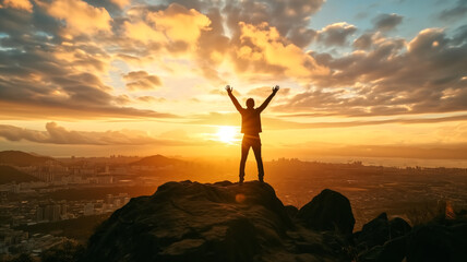 Silhouette of a man with raised arms celebrating at sunrise overlooking a sprawling city and cloudy skies.
