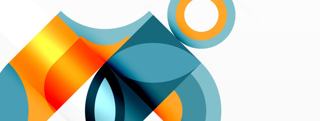 An art piece with a vibrant geometric design featuring circles and squares painted in electric blue and orange tints and shades on a white background