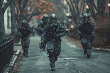 Action shot of EOD personnel in protective gear rushing to the scene of a reported bomb in a public area, showing urgency and bravery