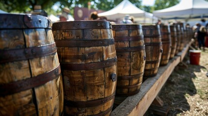 Wooden barrels are set up throughout the festival offering free samples of different types of sauerkraut for attendees to try.
