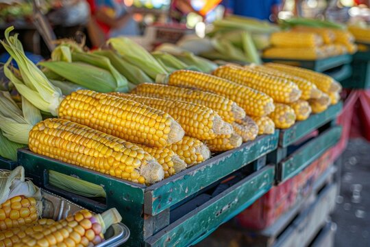 A vendor at a local farmer s market, showcasing fresh corn on the cob, with the green husks pulled back to reveal the golden kernels, inviting passersby to buy and taste