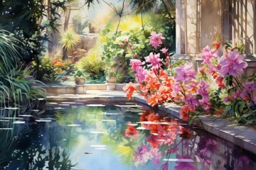 Vibrant watercolor painting of a serene garden scene, featuring blooming flowers and a small pond, abundant in natural light and shadow play