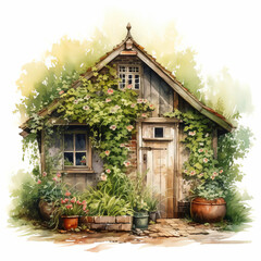 Rustic watercolor scene of an old garden shed surrounded by wildflowers and ivy, evoking a sense of peaceful decay and natural beauty