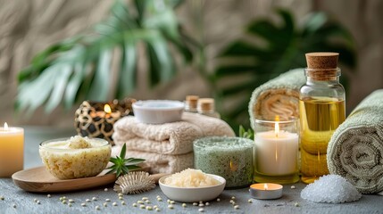 Natural cosmetics and spa products with green leaves on a stone background.