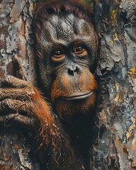 Obraz premium Closeup of an orangutan clinging to a tree in the diminishing rainforests of Borneo, highlighting the vulnerability of its habitat and the critical need for conservation