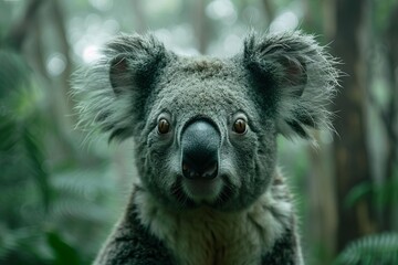 Dramatic shot of a koala alert and looking directly at the camera, with a slight blur of the forest in the background to draw focus to its face