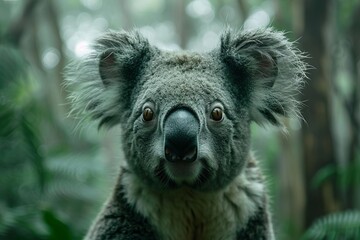 Fototapeta premium Dramatic shot of a koala alert and looking directly at the camera, with a slight blur of the forest in the background to draw focus to its face