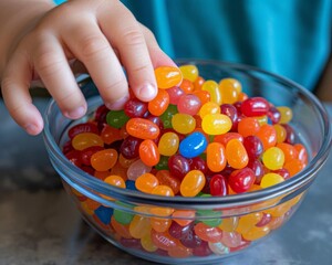 A closeup of a childs hand picking up a handful of jelly beans from a large glass bowl at a birthday party, emphasizing the joy and excitement of choosing a favorite flavor
