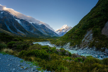 Naklejka na ściany i meble Mount Cook, landscape with lake and mountains in New Zealand