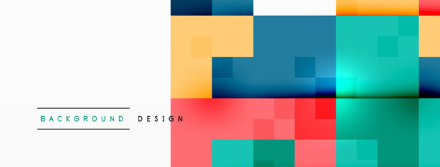 The art piece features a colorful background with squares in tints of magenta and electric blue on a white backdrop, creating a vibrant pattern of parallel rectangles