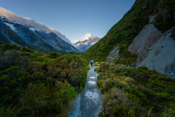 Female hiker in Mount Cook mountain valley, wet hiking trail in the evening, New Zealand