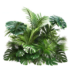 Vibrant pile of lush green tropical plants, creating a refreshing oasis, isolated on a pristine white background