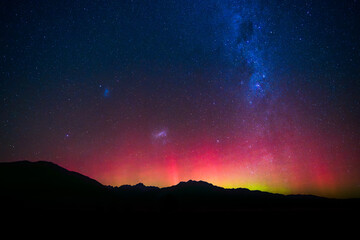Rare aurora australis southern light with milky way long
exposure photo near Fox Glacier, New...