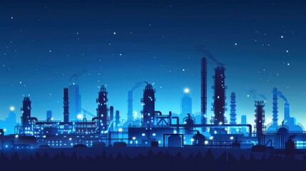 Illustrated as a silhouette, an industrial factories background features a blue oil refinery complex with pipes and gas production rigs, depicting the landscape of heavy industry.