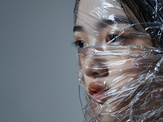 透明感あふれる視線のビニールを纏うアジア人女性