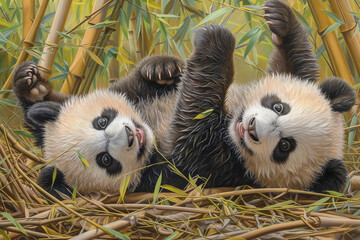 A pair of fluffy baby pandas rolling around playfully in a patch of bamboo shoots.