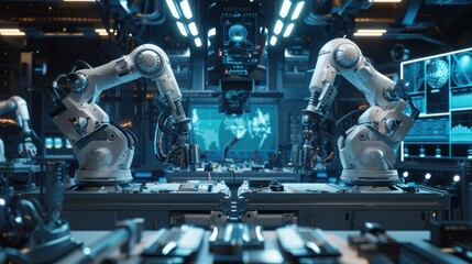 Fototapeta premium Illustrated in 3D rendering, a futuristic factory or workshop features assembly robot arms alongside a virtual interface, symbolizing the integration of industry technology.