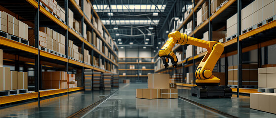 Yellow robotic arm in warehouse prepared to pick up boxes, modern industrial design and technology concept