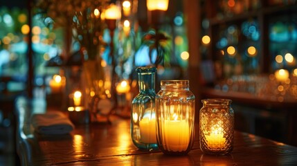 A bar area aglow with the warm light of candles in unique glass jars and vases. 2d flat cartoon. - Powered by Adobe