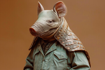 A modern-dressed armadillo in a sleek jumpsuit, showcasing its unique sense of style in the animal kingdom