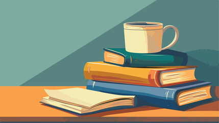 Stack of books on table closeup Vector illustration.