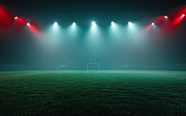 football stadium at night with beamlights on a huge green field