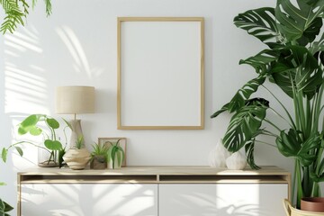 3D rendering of a wooden frame mockup with plants. Generate AI image