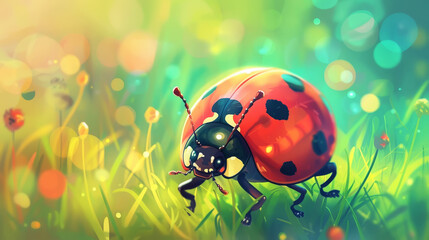 Ladybug on greenery with a bright and vibrant blurred background