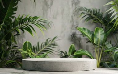 Circular podium white marble texture, Delicate Ferns Around Base, Soft Focus Background, Serene Botanical Garden Setting Featuring.
