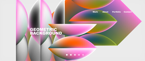 A vibrant and fluid art piece featuring a colorful geometric background with circles and triangles in shades of pink, magenta, and white creating a mesmerizing pattern