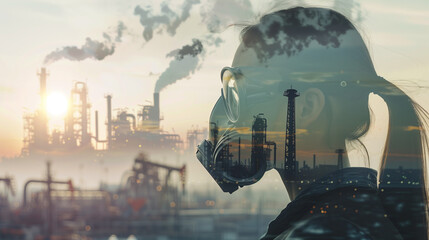Double exposure of woman in gas mask and oil refinery. Concept of industry 