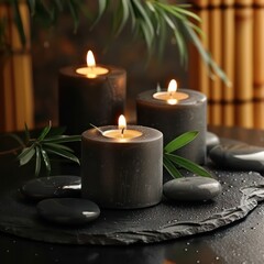 candles and black stones on a black table, dark background