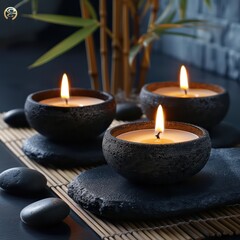candles and black stones on a black table, dark background