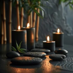 Fototapeta na wymiar candles and black stones on a black table, dark background