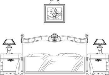 vector illustration sketch design drawing of vintage classic bedroom architecture