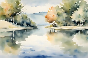 A painting of a lake with trees in the background