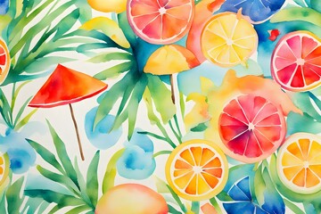 Naklejka premium A painting of a tropical scene with a red umbrella and a bunch of oranges