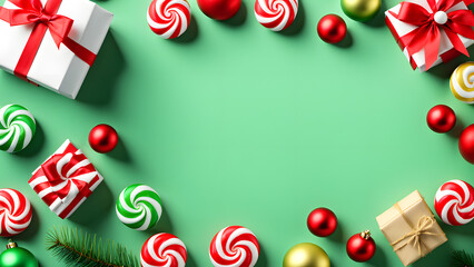 A green background with a bunch of Christmas decorations including a bunch of ca