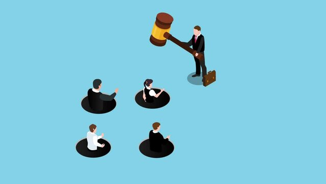 Businessman holding hammer hitting he employees in a mole hole