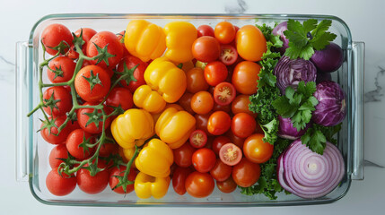 A tray containing fresh vegetables: red tomatoes, yellow bell peppers, cherry tomatoes, cilantro, purple cabbage, and a red onion.