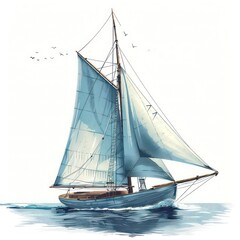 classic sailboat, ocean blues, serene nautical on white background