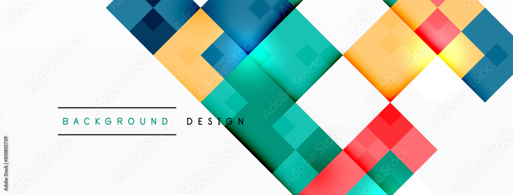 Poster Vibrant colors and geometric shapes like rectangles and triangles create a colorful background with a heart made of squares on a white backdrop, resembling a textile pattern
