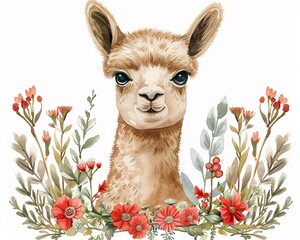 Watercolor hand drawn alpaca with flower field, bright pastels, serene and vibrant nature scene
